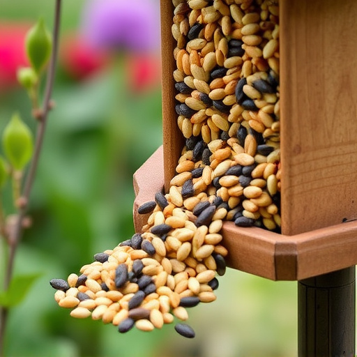 Mixed seeds spilling from garden feeder