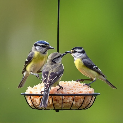Mixed tits feeding on hanging suet feeder