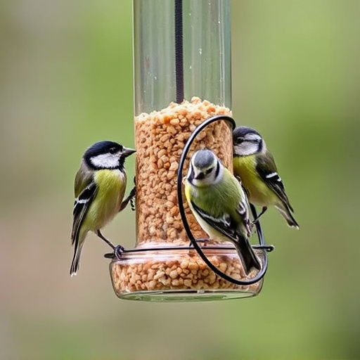 Mixed tits feeding on hanging suet feeder