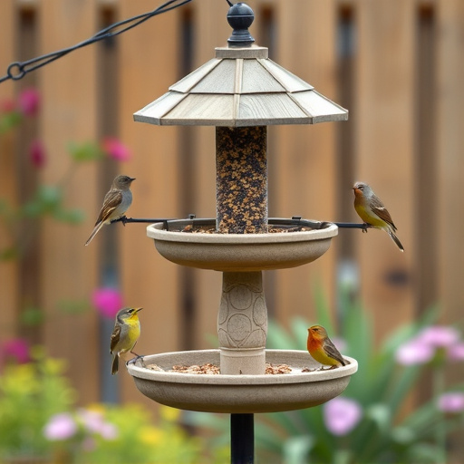 Multi-level bird feeding station in garden