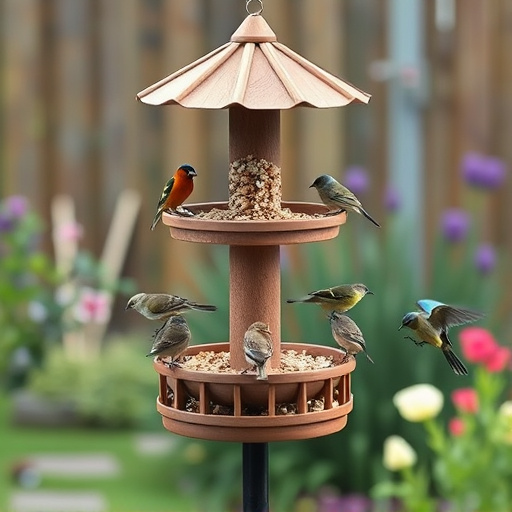 Multi-level bird feeding station in garden