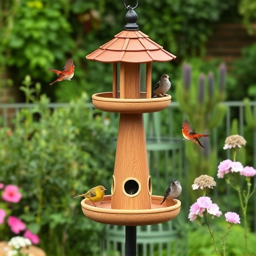 Multi-level bird feeding station in garden