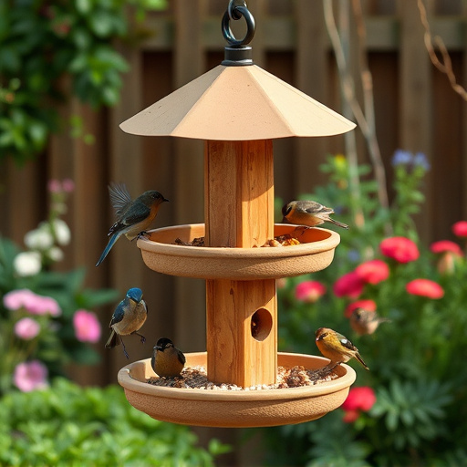Multi-level bird feeding station in garden