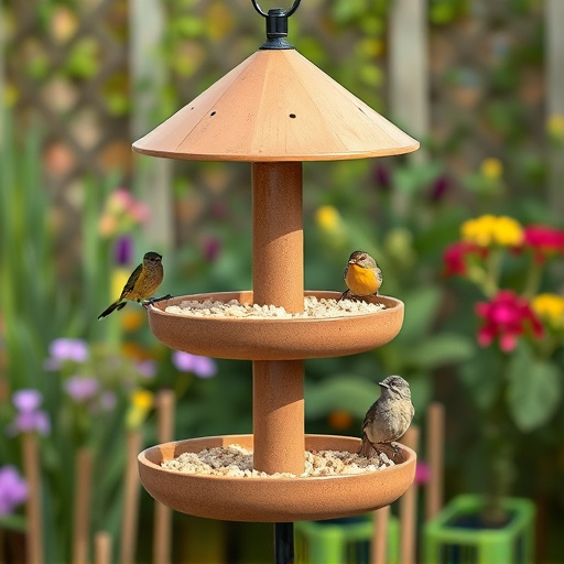 Multi-level bird feeding station in garden