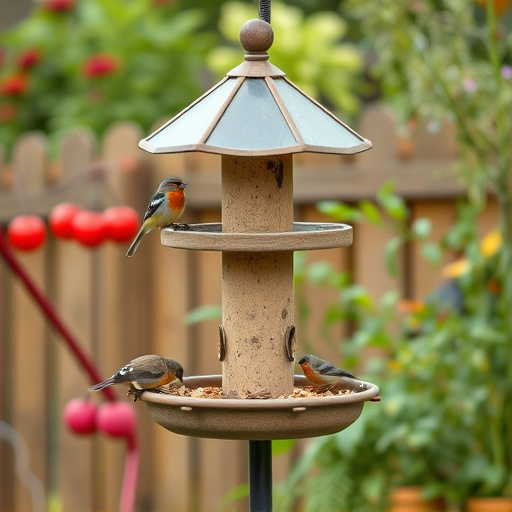 Multi-level bird feeding station in garden