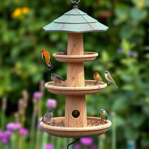 Multi-level bird feeding station in garden