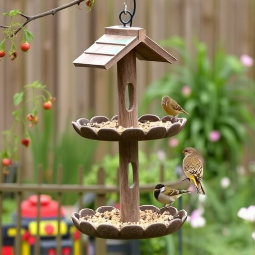 Multi-level bird feeding station in garden