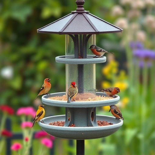 Multi-level bird feeding station in garden