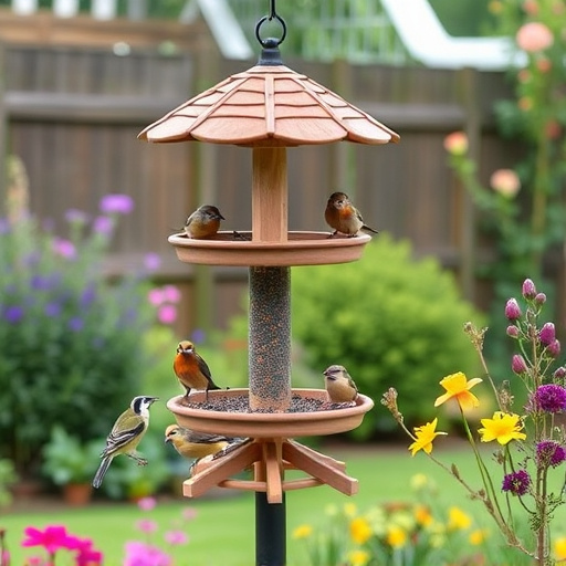 Multi-level bird feeding station in garden
