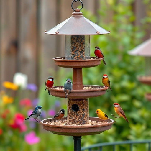 Multi-level bird feeding station in garden
