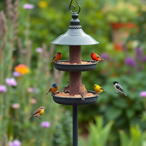 Multi-level bird feeding station in garden