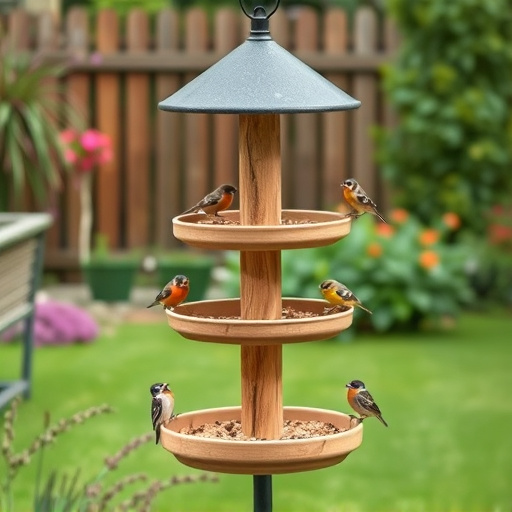 Multi-level bird feeding station in garden