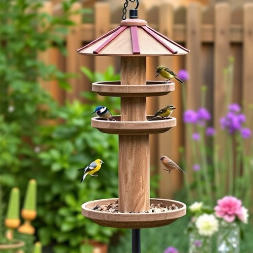 Multi-level bird feeding station in garden