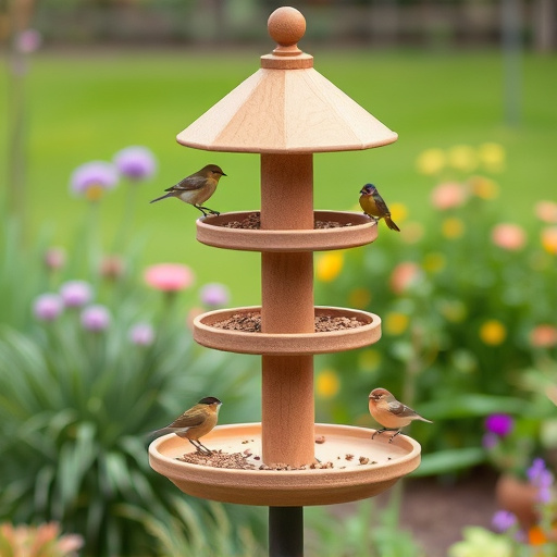 Multi-level bird feeding station in garden