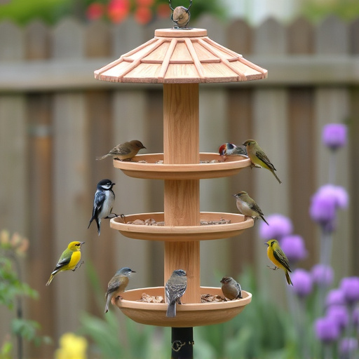 Multi-level bird feeding station in garden