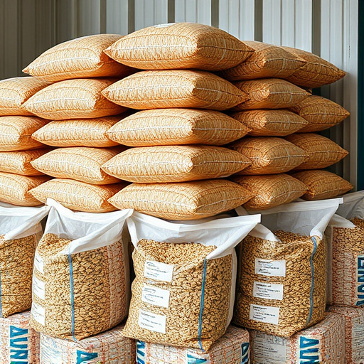 Multiple bags of bird seed stacked