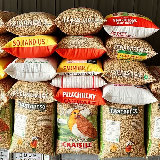 Multiple bags of bird seed stacked