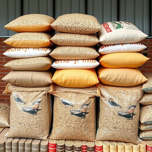 Multiple bags of bird seed stacked