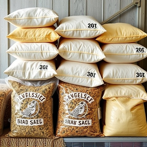 Multiple bags of bird seed stacked