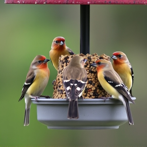 Multiple birds perched on suet feeder