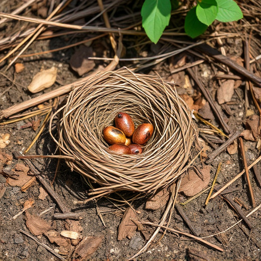 Nesting material scattered on ground