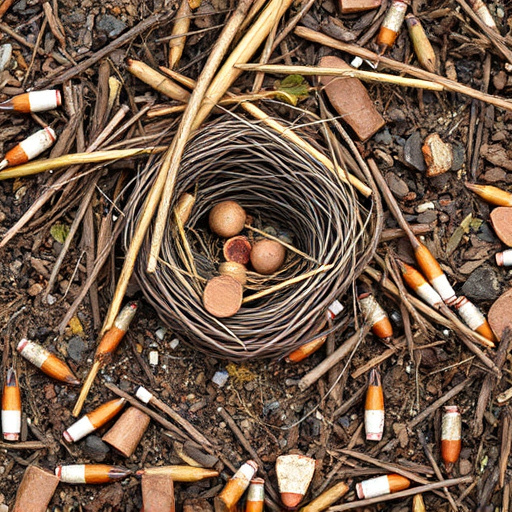 Nesting material scattered on ground