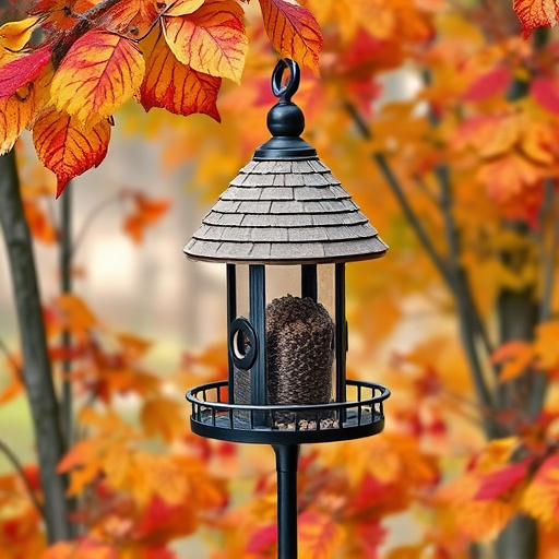 Outdoor feeder surrounded by autumn foliage