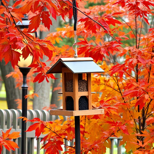 Outdoor feeder surrounded by autumn foliage