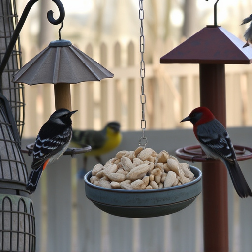 Outdoor scene with feeders and peanuts