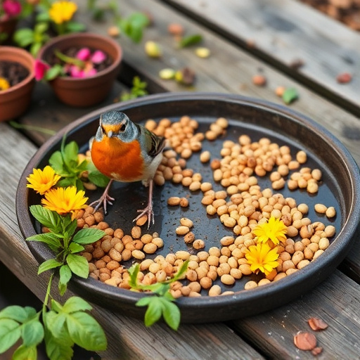 Outdoor tray with robin-attracting seeds