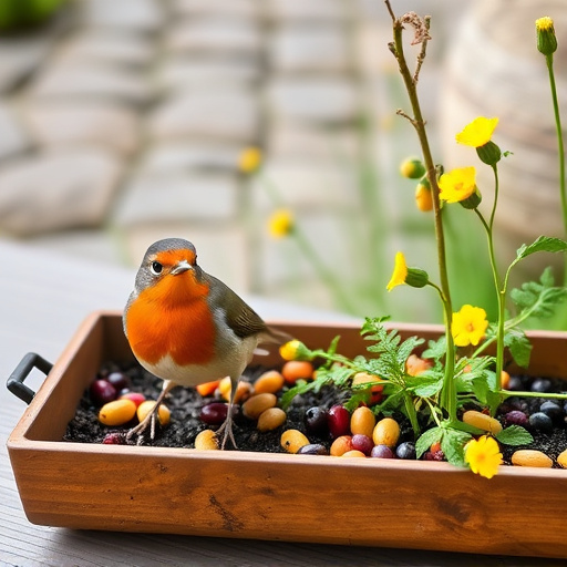 Outdoor tray with robin-attracting seeds