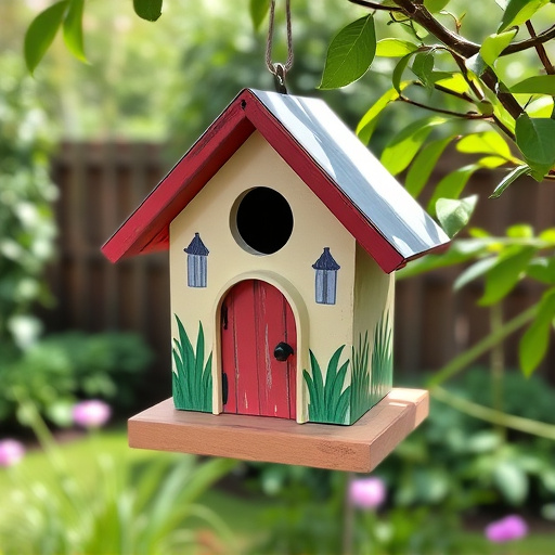 Painted birdhouse hanging in garden