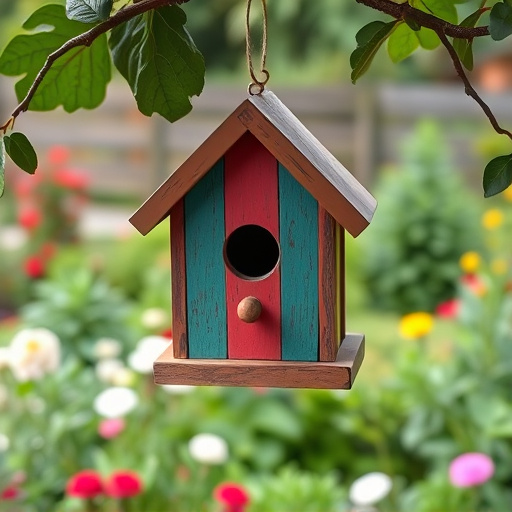 Painted birdhouse hanging in garden