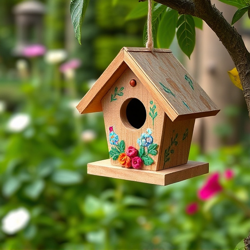 Painted birdhouse hanging in garden