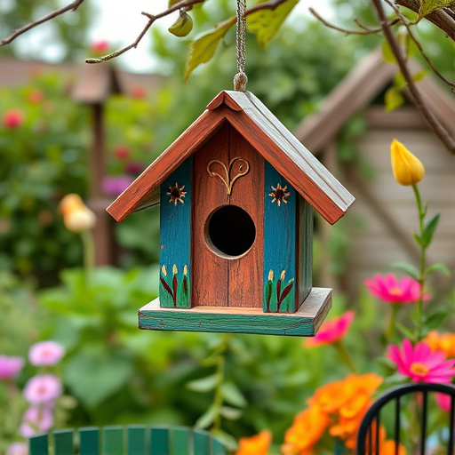 Painted birdhouse hanging in garden