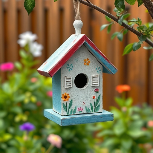 Painted birdhouse hanging in garden