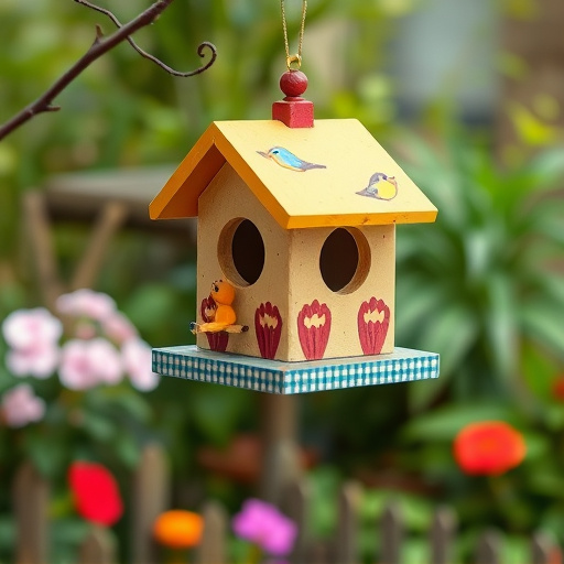 Painted birdhouse hanging in garden