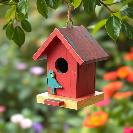 Painted birdhouse hanging in garden