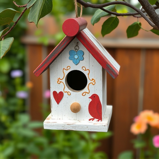 Painted birdhouse hanging in garden
