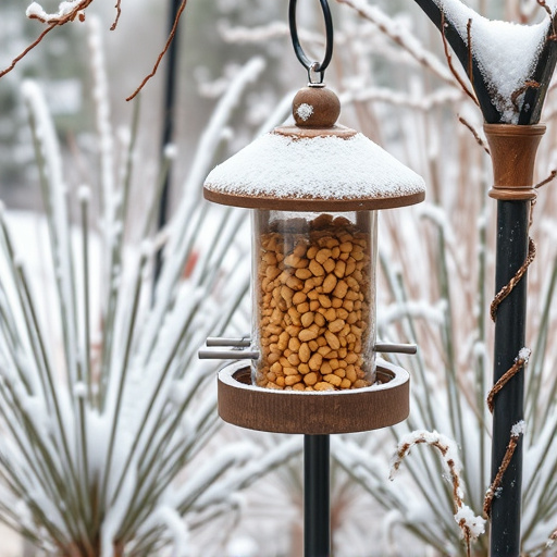 Peanut feeder surrounded by winter garden scenery