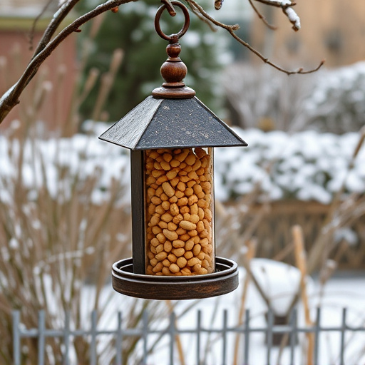 Peanut feeder surrounded by winter garden scenery
