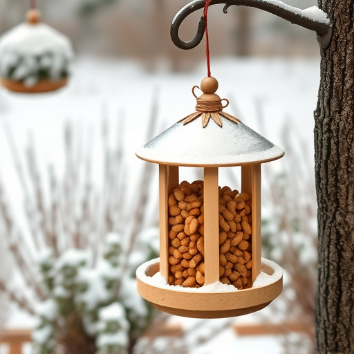 Peanut feeder surrounded by winter garden scenery