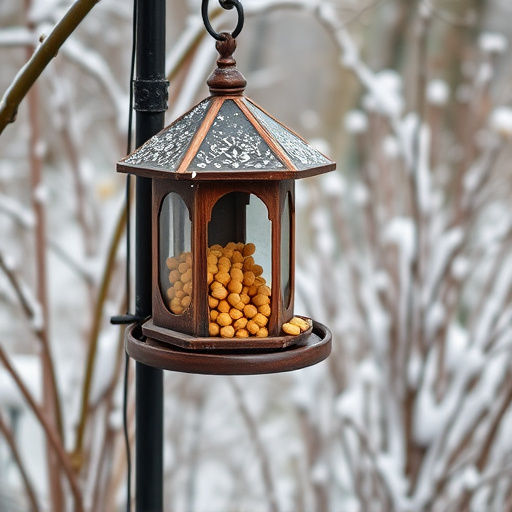 Peanut feeder surrounded by winter garden scenery