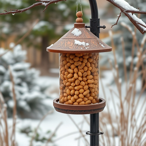 Peanut feeder surrounded by winter garden scenery