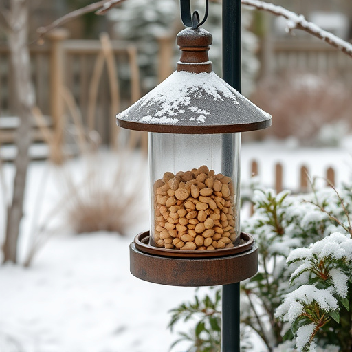 Peanut feeder surrounded by winter garden scenery
