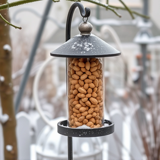 Peanut feeder surrounded by winter garden scenery