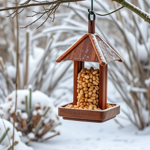 Peanut feeder surrounded by winter garden scenery