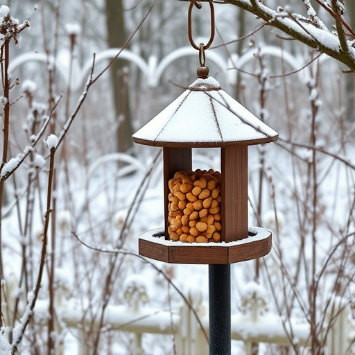 Peanut feeder surrounded by winter garden scenery