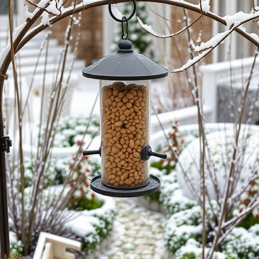 Peanut feeder surrounded by winter garden scenery