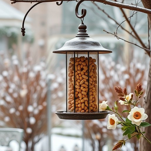 Peanut feeder surrounded by winter garden scenery